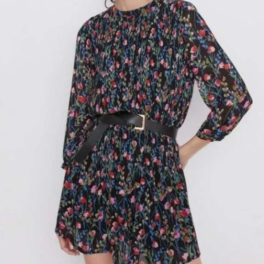 Zara Mini Shift Dress Floral Long Sleeve